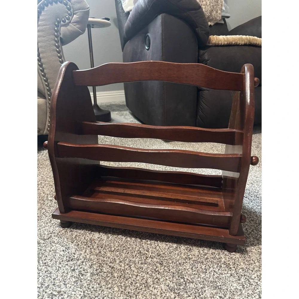 Vintage Wooden Magazine Rack Scalloped Dark Wood Book Record Holder Handle